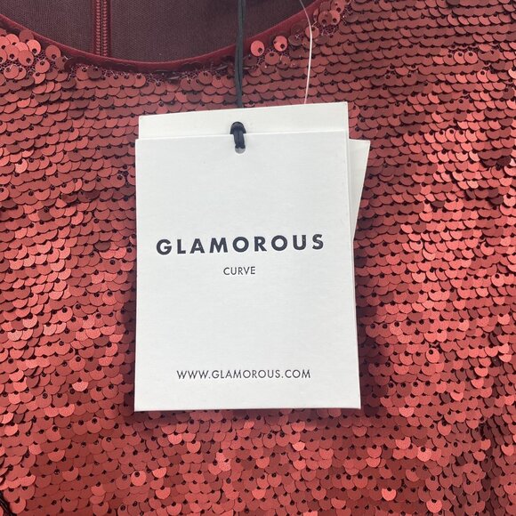 Glamorous Curve Sequin Shift Dress 16 Long Sleeve Ruffle Plus Size Red NWT $179 - Picture 8 of 11